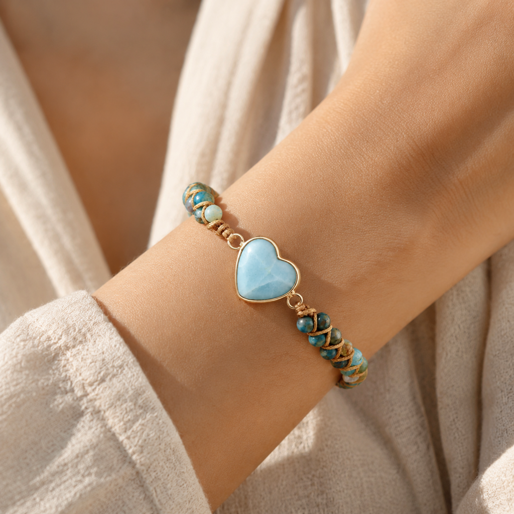 Heart Shape Beaded Bracelet Story Lifestyle product image featuring Imperial Jasper.