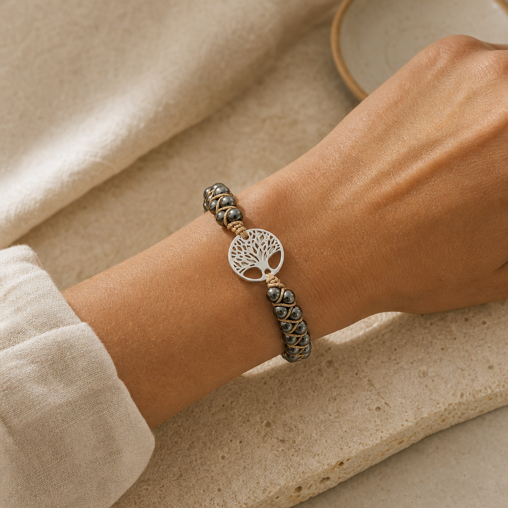 Natural Stone Braided Bracelet lifestyle image on wrist.
