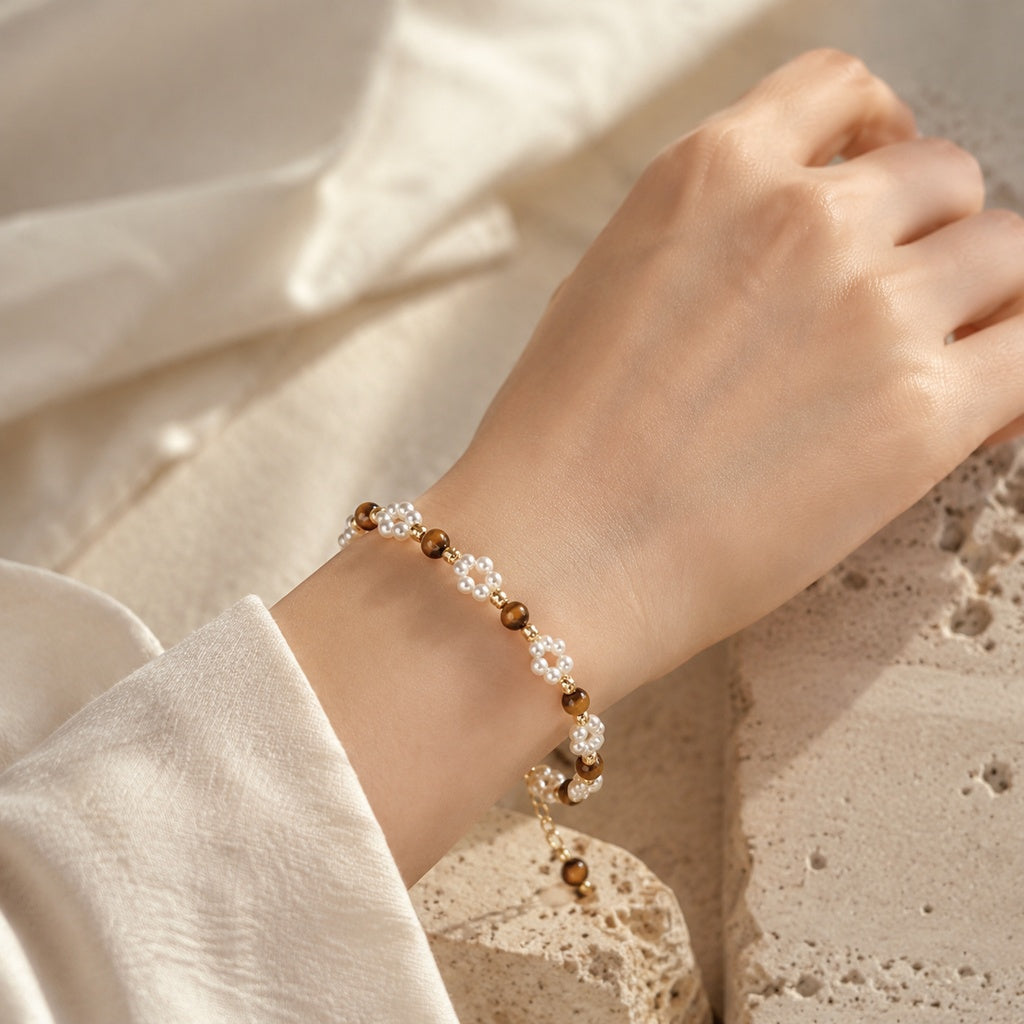 Pearl & Tiger Eye Stone Beaded Bracelet Story Lifestyle product image featuring Tiger S Eye.
