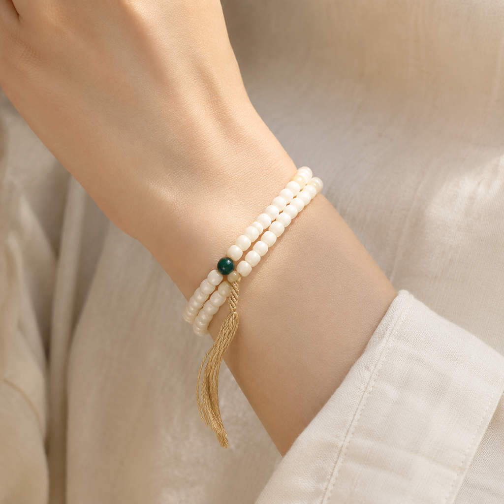 White Jade 108 Bead Wrap Bracelet Story Lifestyle product image featuring Jade.