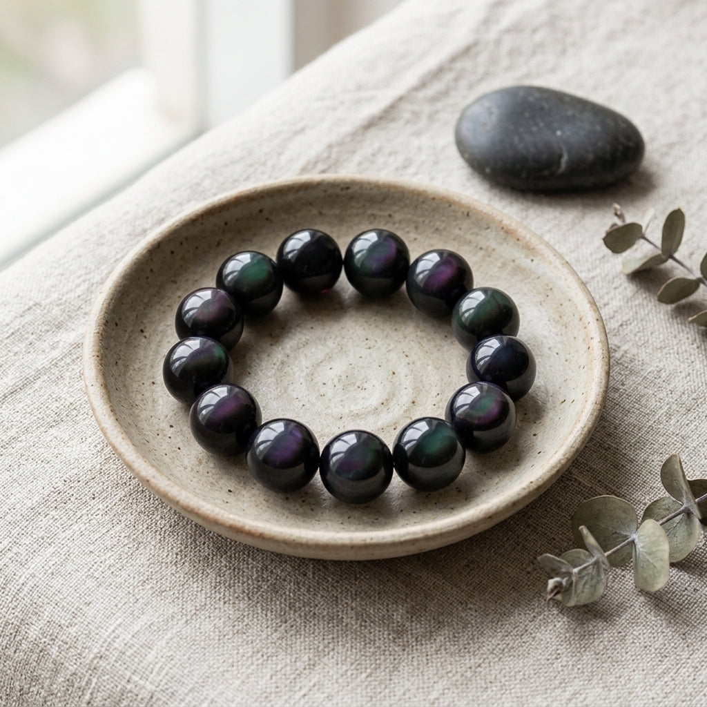Rainbow Eye Obsidian Protection Bracelet Editorial Flatlay product image featuring Black Obsidian.