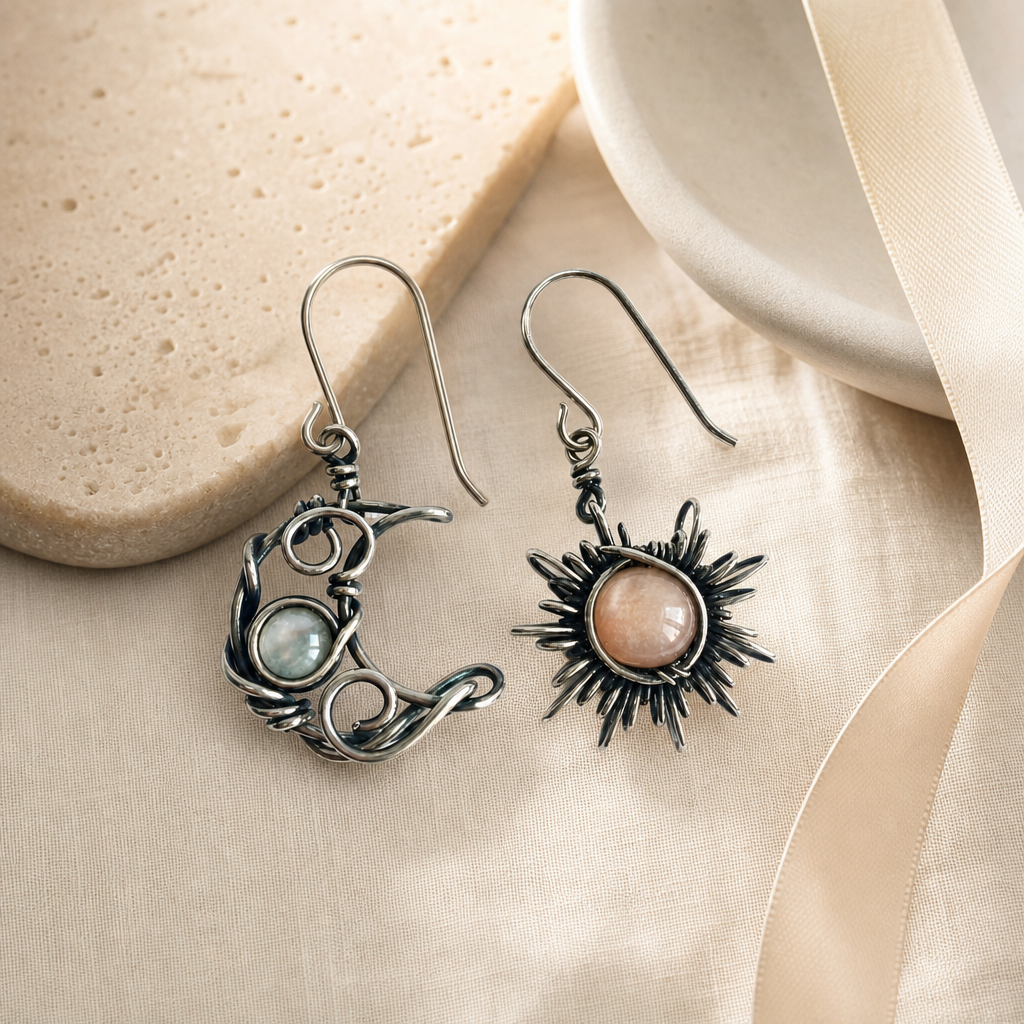 Moonstone Moon & Sun Dangle Earrings gift-ready mood image.