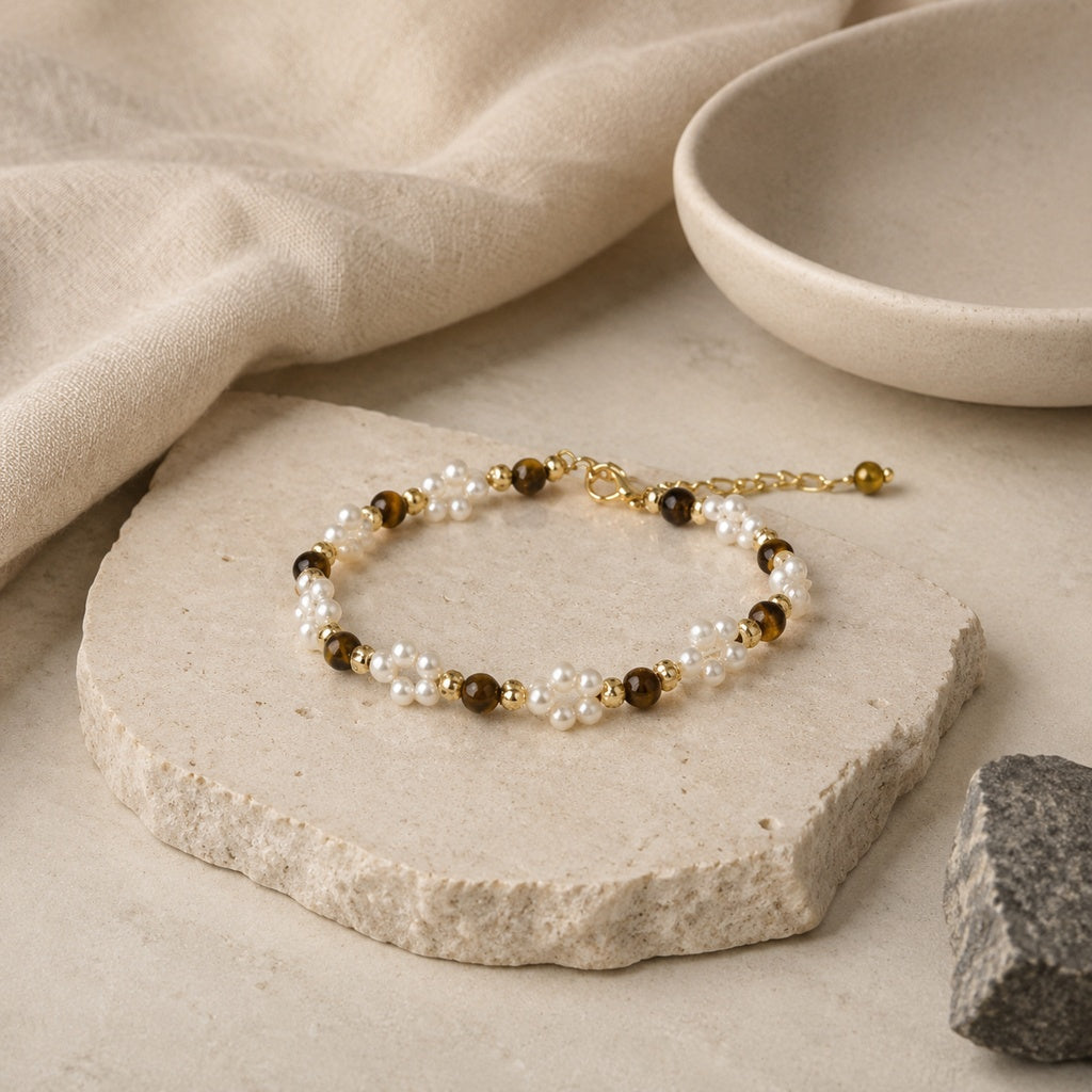Pearl & Tiger Eye Stone Beaded Bracelet Story Mood product image featuring Tiger S Eye.