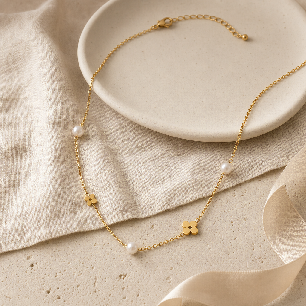 Freshwater Pearl 18K Gold Plated Flower Necklace Story Mood product image featuring Freshwater Pearl.