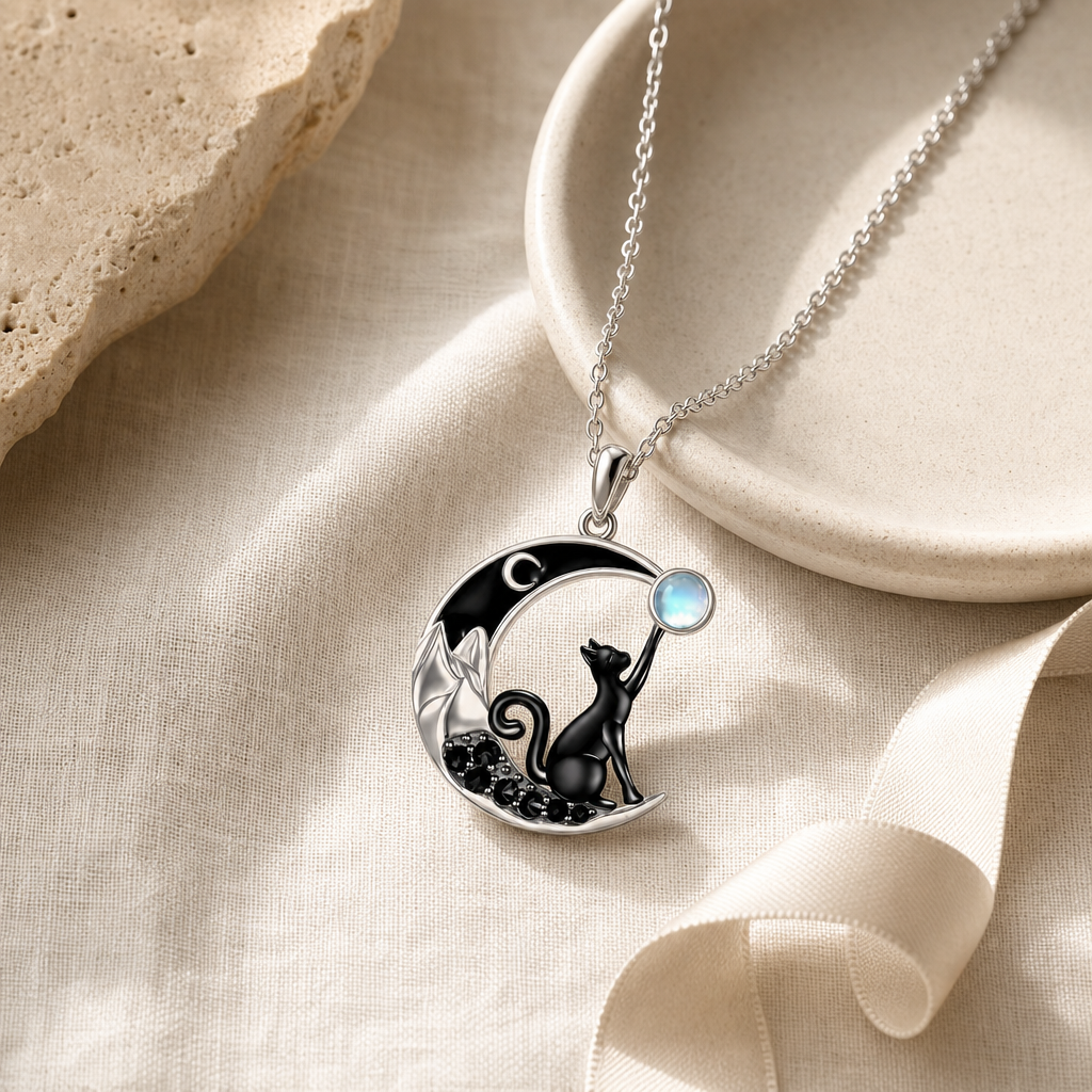 Black Cat Moonstone Moon Pendant Necklace Story Mood product image featuring Moonstone.