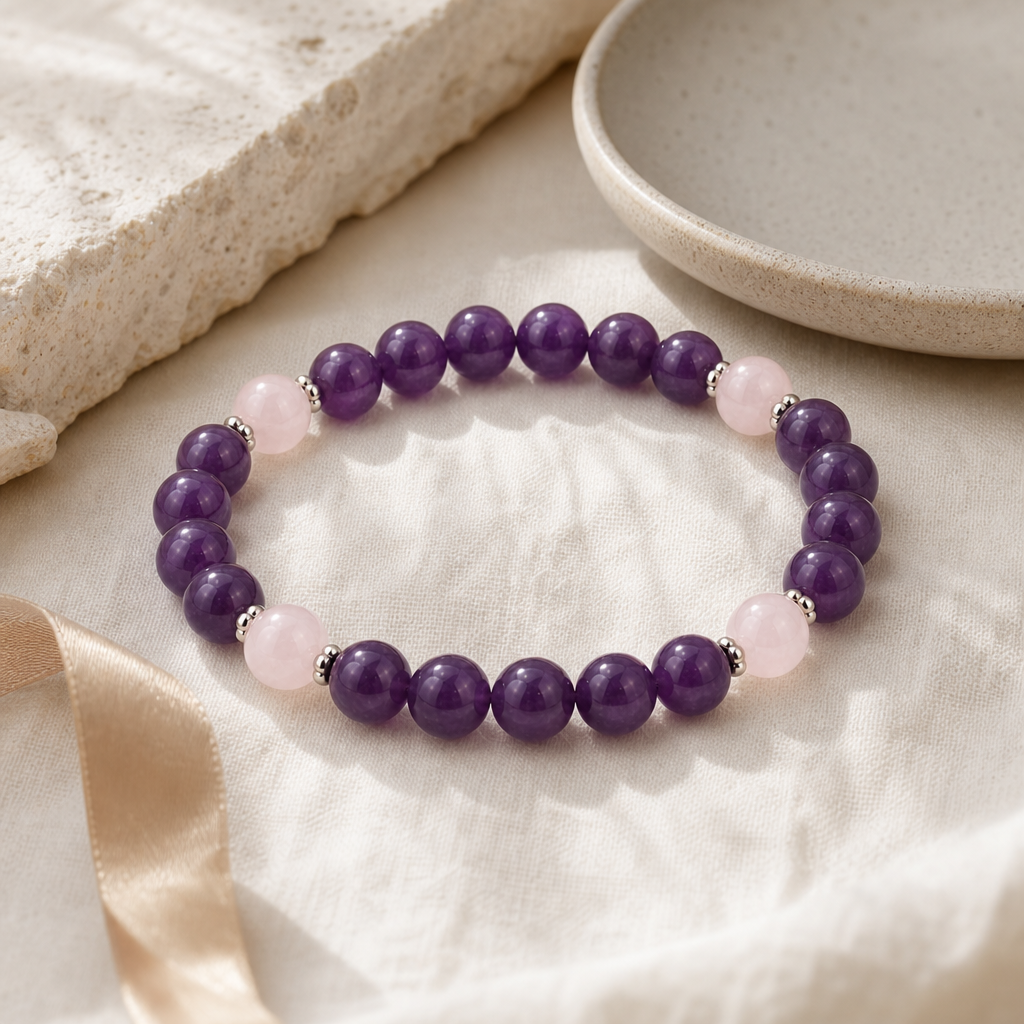 Amethyst & Rose Quartz Stretch Bracelet Story Mood product image featuring Rose Quartz.