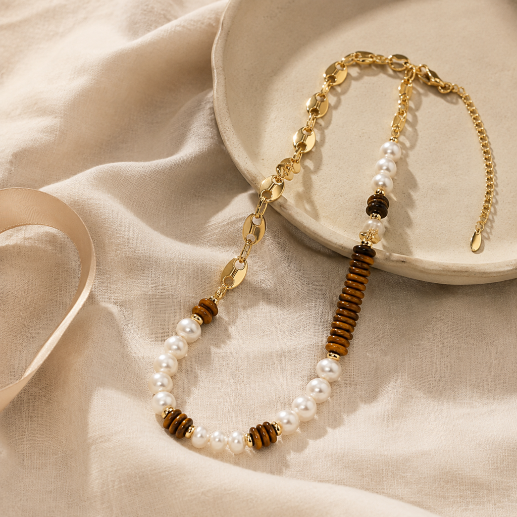 18K Gold Plated Titanium Steel Necklace Story Mood product image featuring Freshwater Pearl.