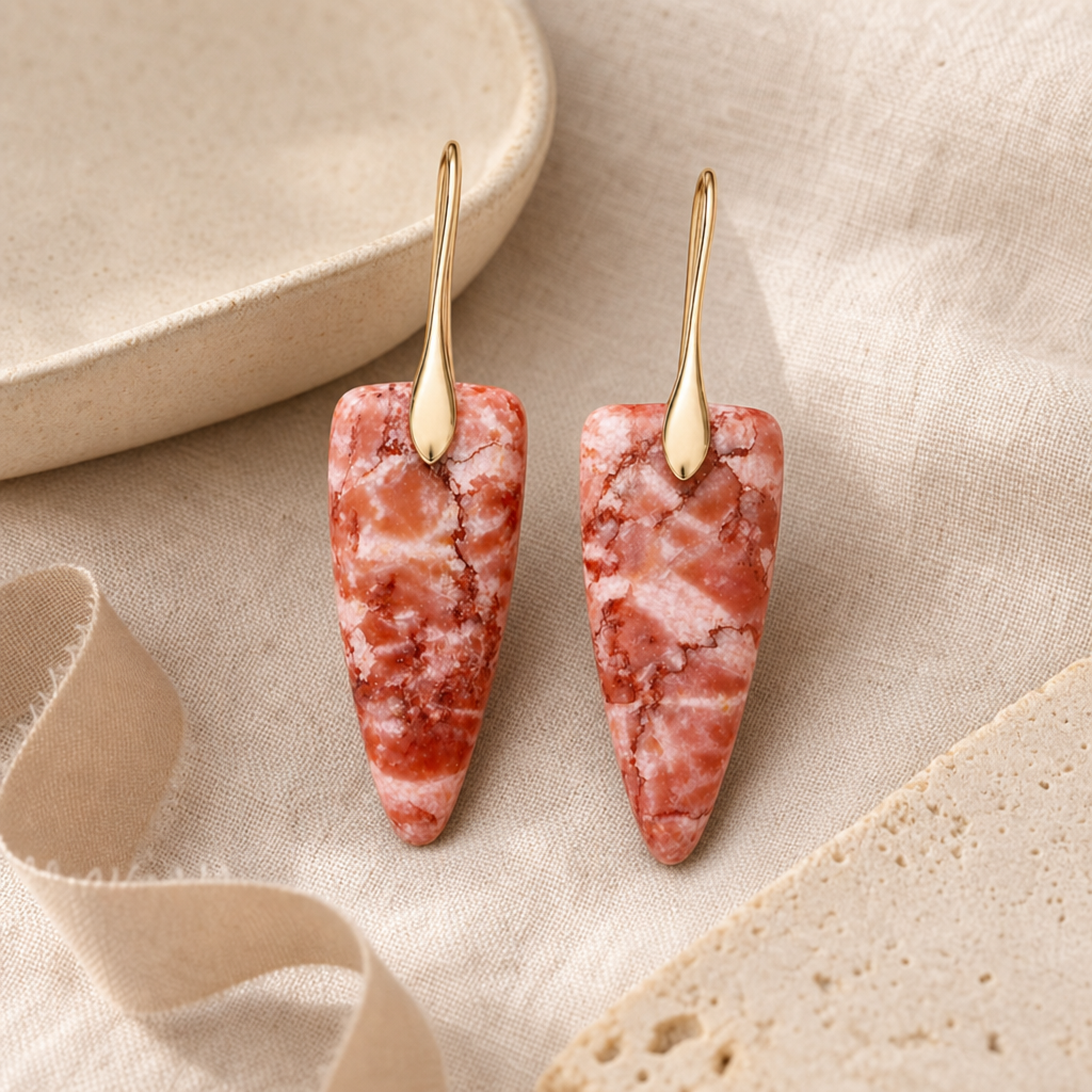 Gift-ready still life of the gold coral natural stone geometric earrings.
