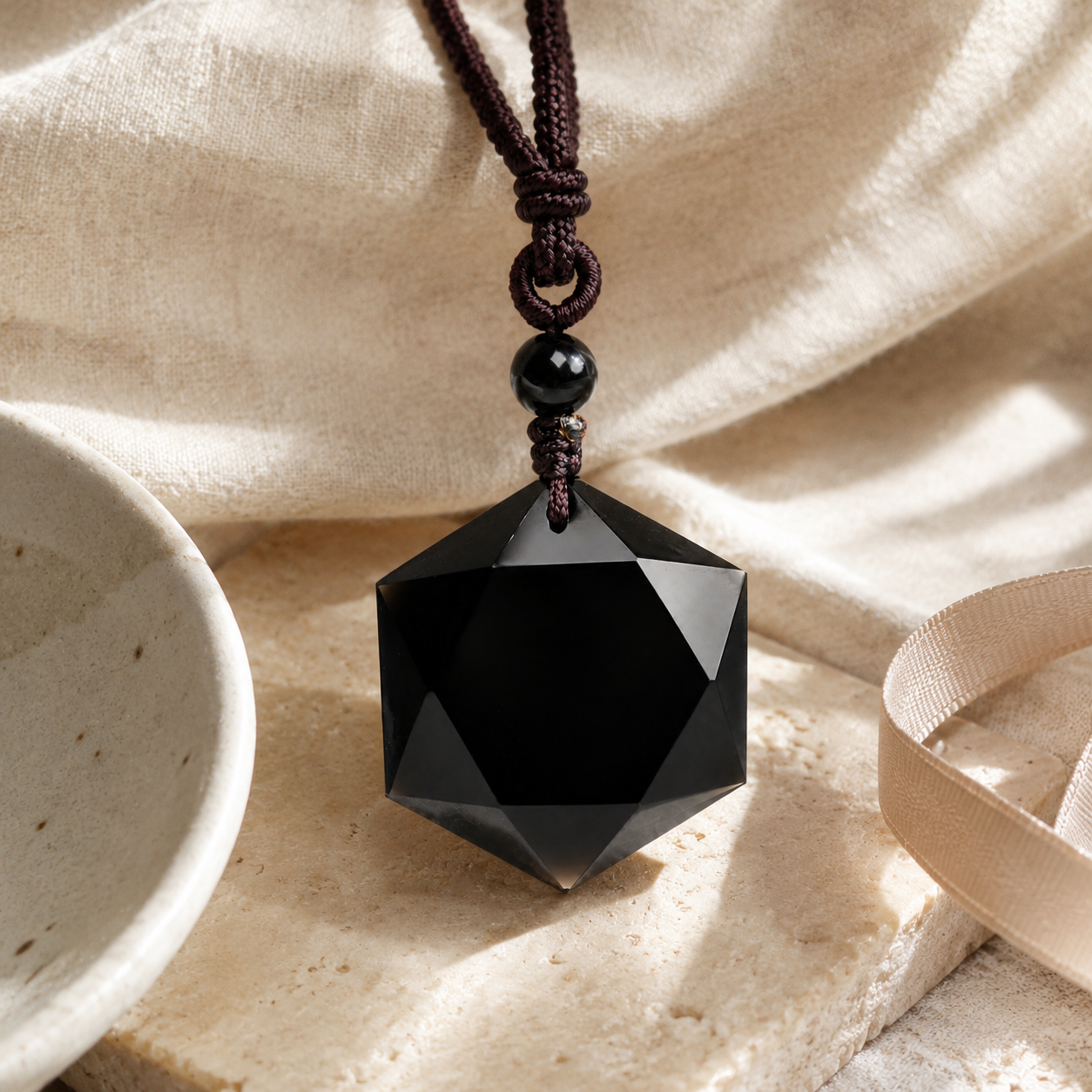 Gift-ready black obsidian pendant necklace on warm linen.