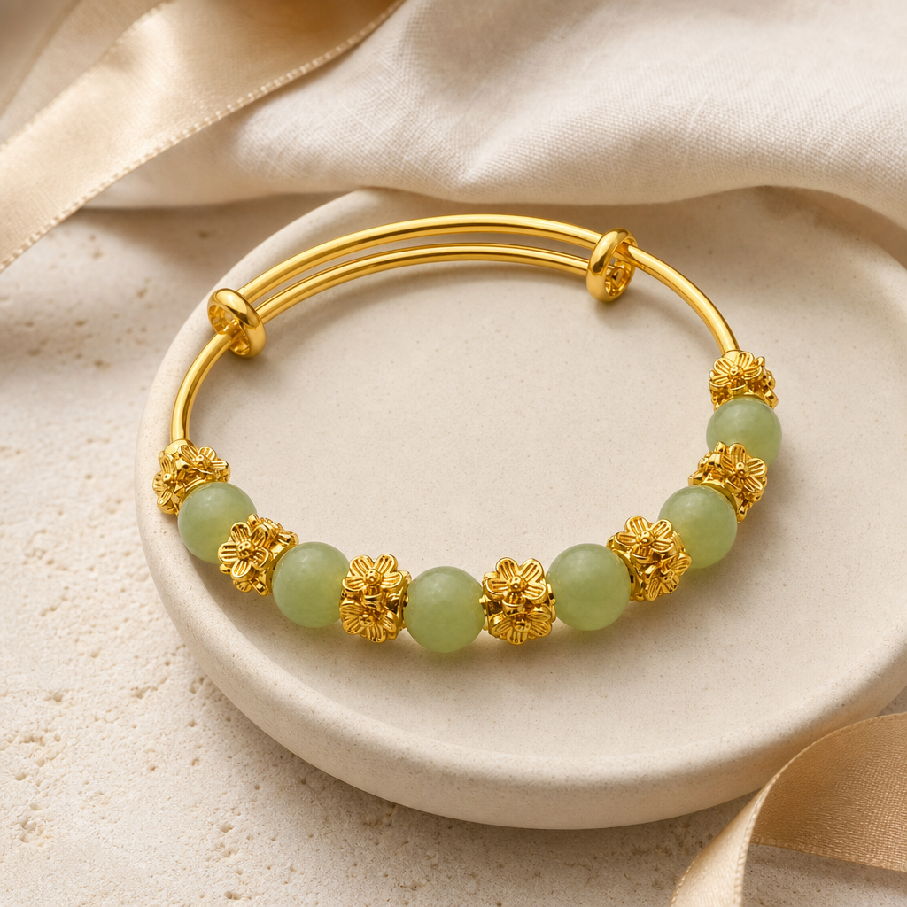 Green Chalcedony Flower Gold Tone Bracelet Story Mood product image featuring Chalcedony.