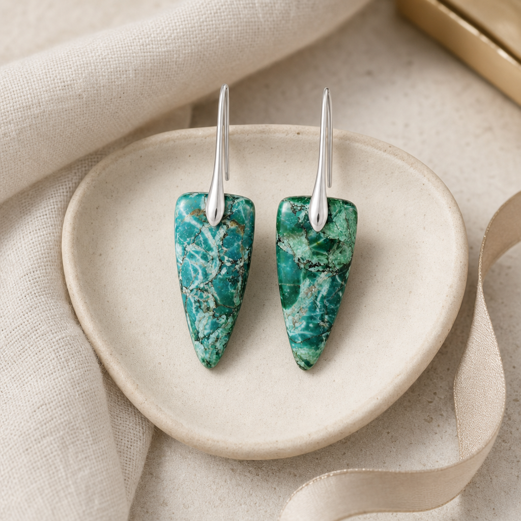 Silver Green Natural Stone Geometric Earrings Story Mood product image featuring Platinum Plated.