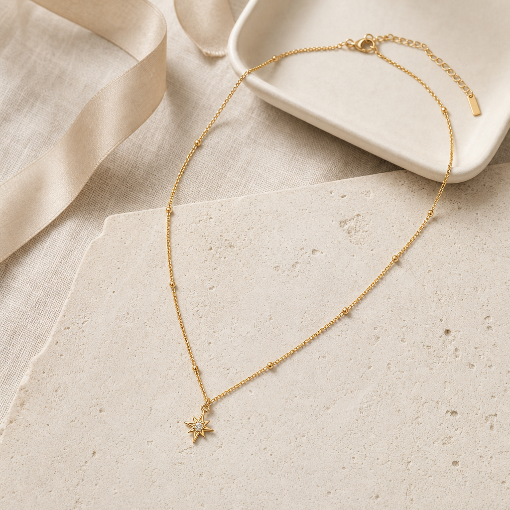 18K Gold Plated Star Pendant Necklace With Zircon Story Mood showing a delicate gold-tone star pendant necklace.