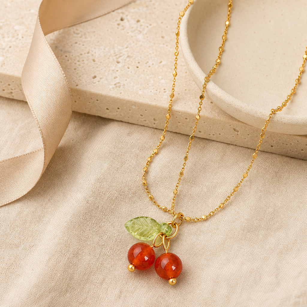 Agate Cherry Pendant Necklace Story Mood product image featuring 18k Gold Plated.