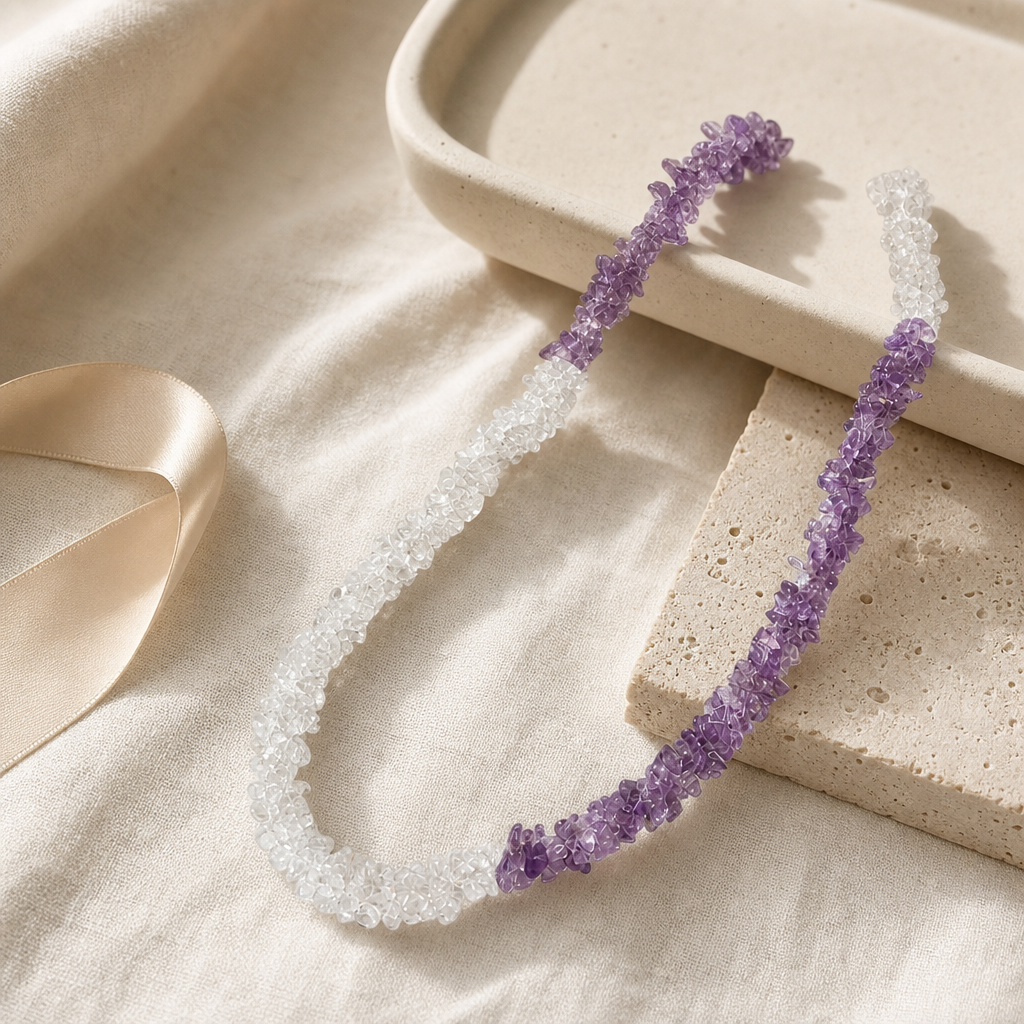 Amethyst & Clear Quartz Chip Necklace Story Mood image featuring amethyst and clear quartz.