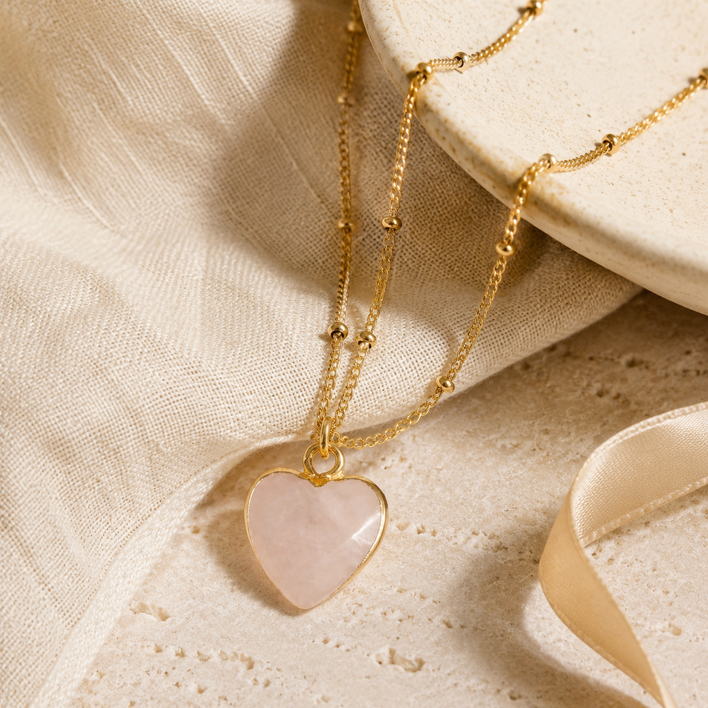 Rose Quartz Heart Necklace Story Mood product image featuring Rose Quartz.