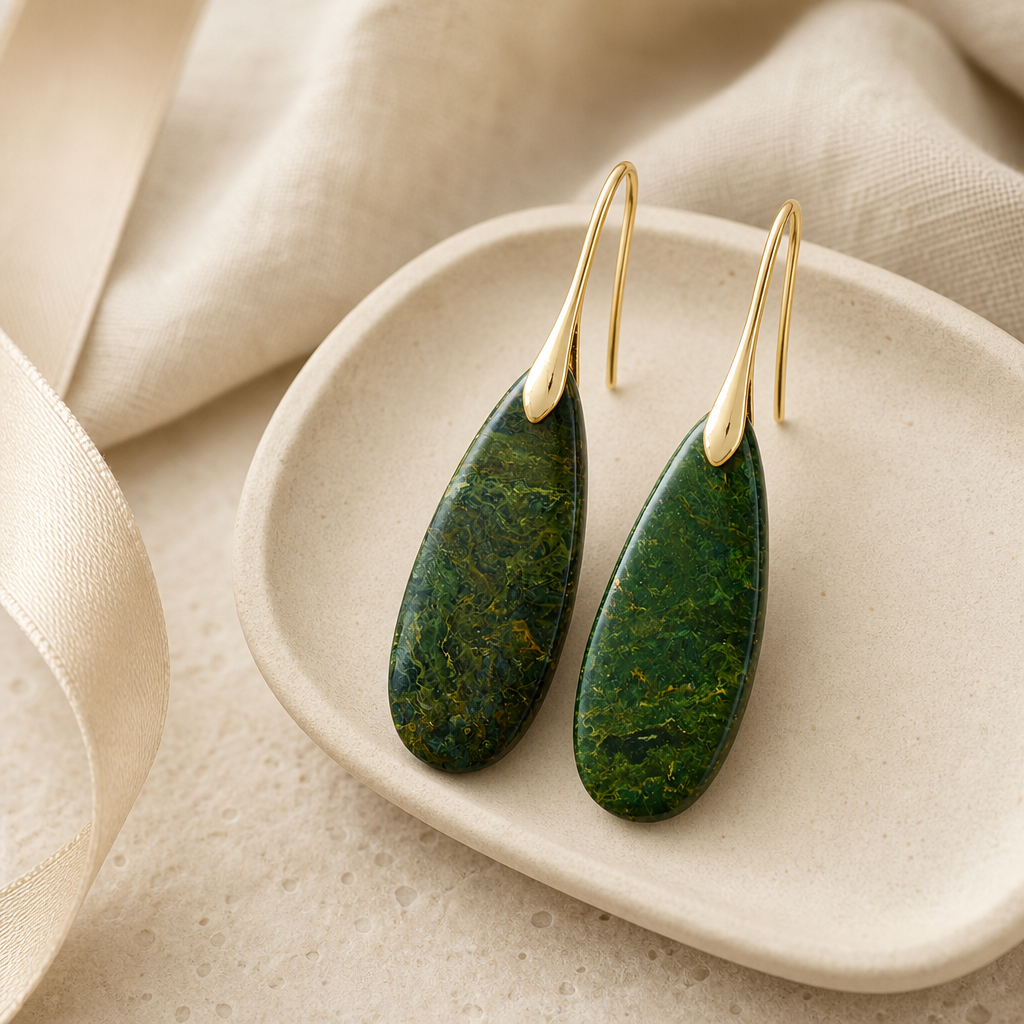 Gift-ready still life of gold green natural stone waterdrop earrings.
