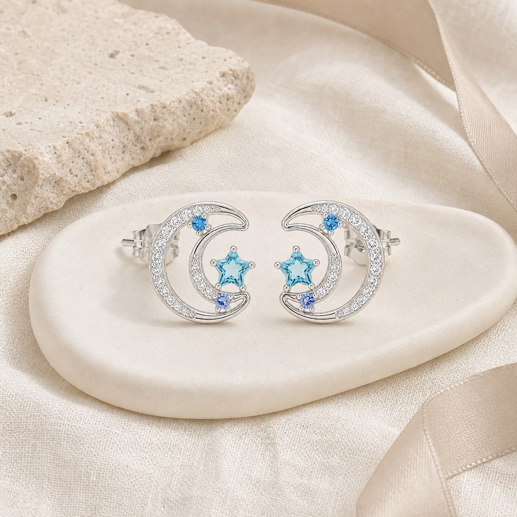 Blue Zircon Moon Star Stud Earrings Story Mood product image featuring Blue Zircon.
