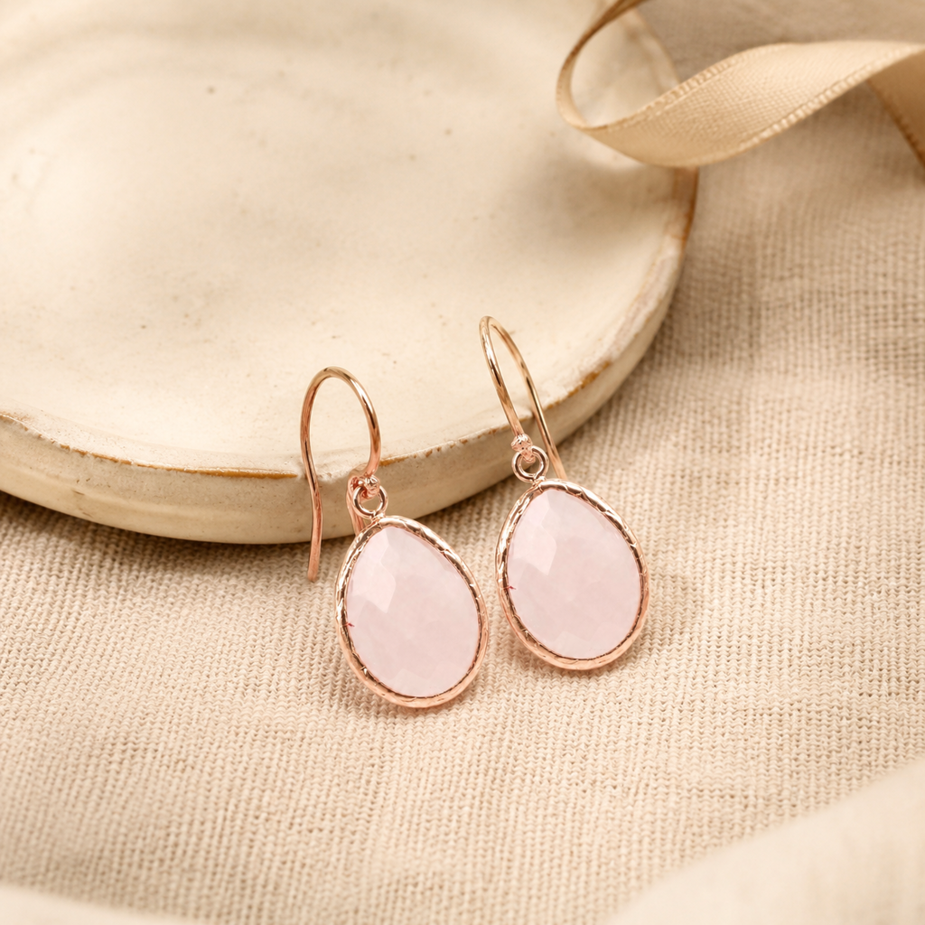 Petite Drop Earrings Rose Quartz Rosegold Story Mood product image featuring Rose Quartz.