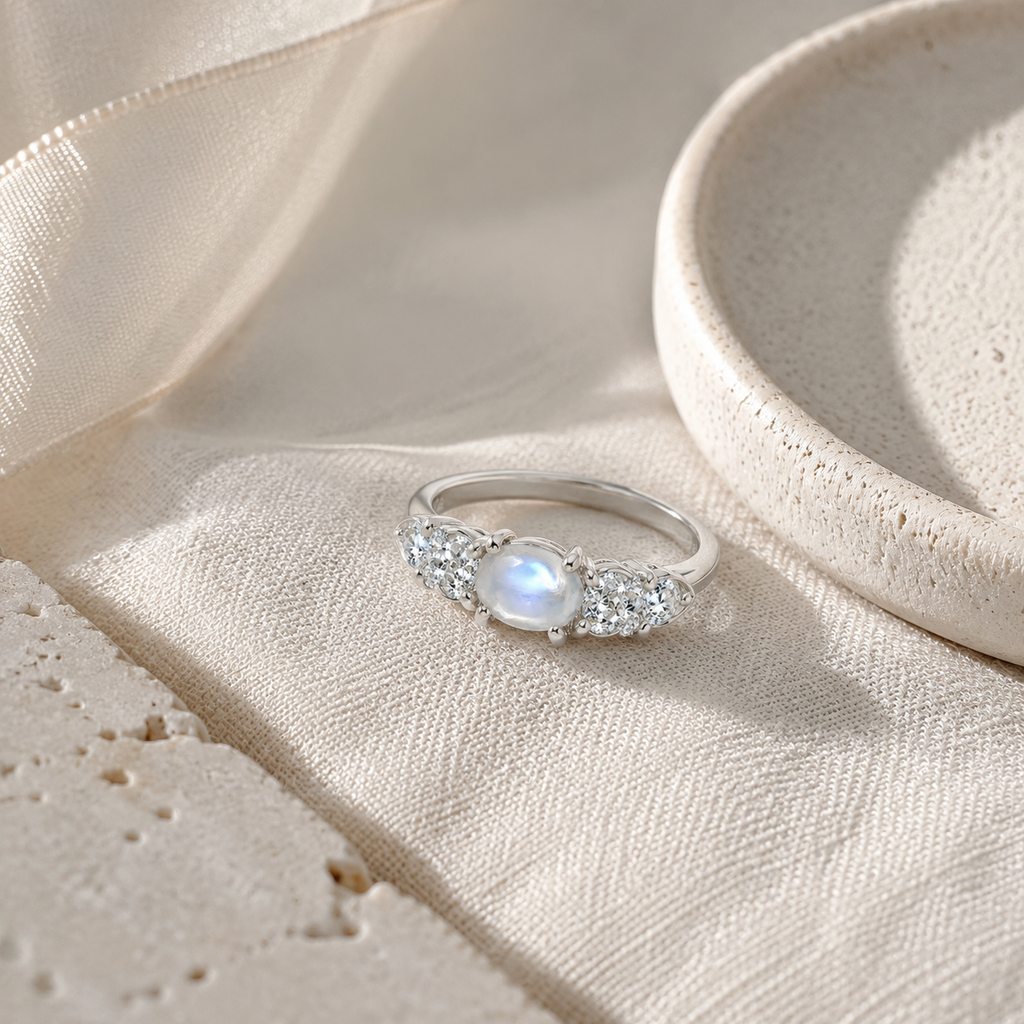 Moonstone Ring, Moonstone Silver Ring, Gemstone Sterling Silver Story Mood product image featuring Moonstone.