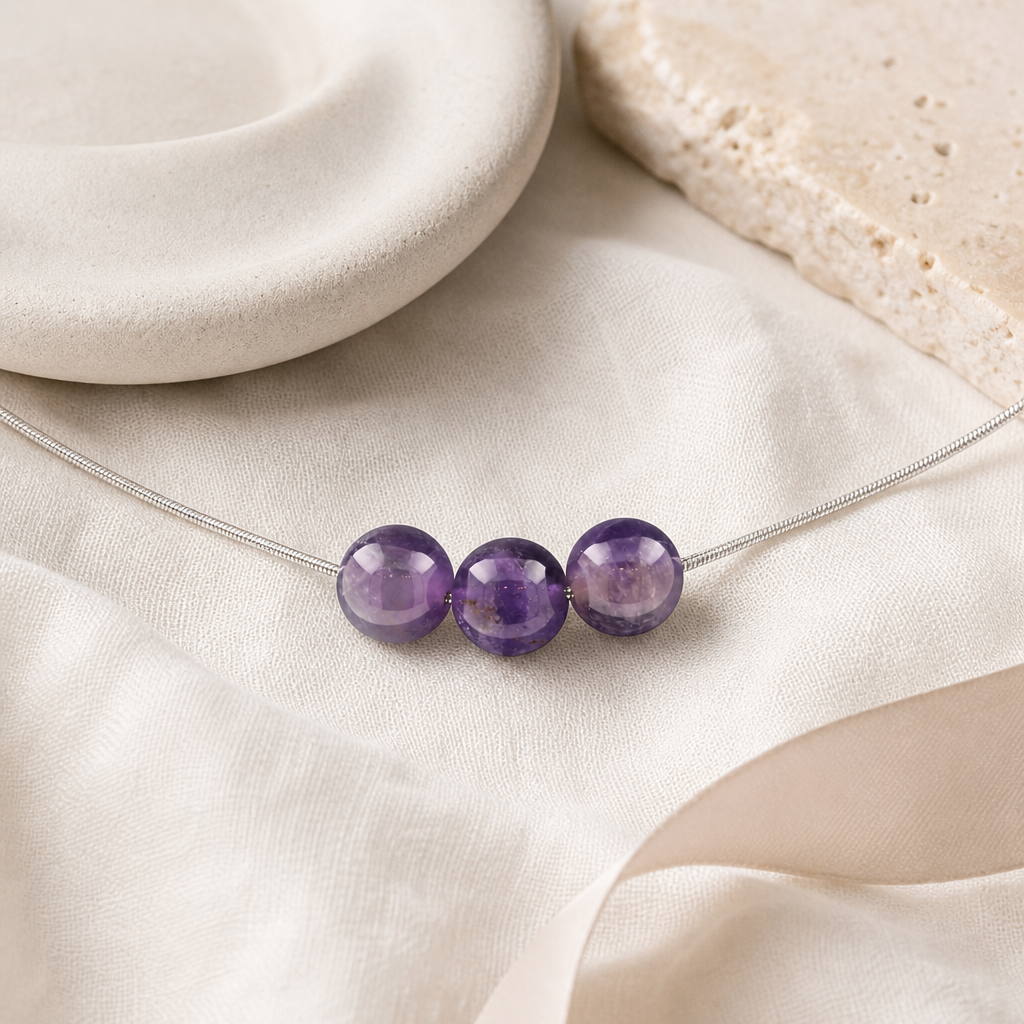 Amethyst 3 Bead 8mm Necklace Story Mood product image featuring Amethyst.