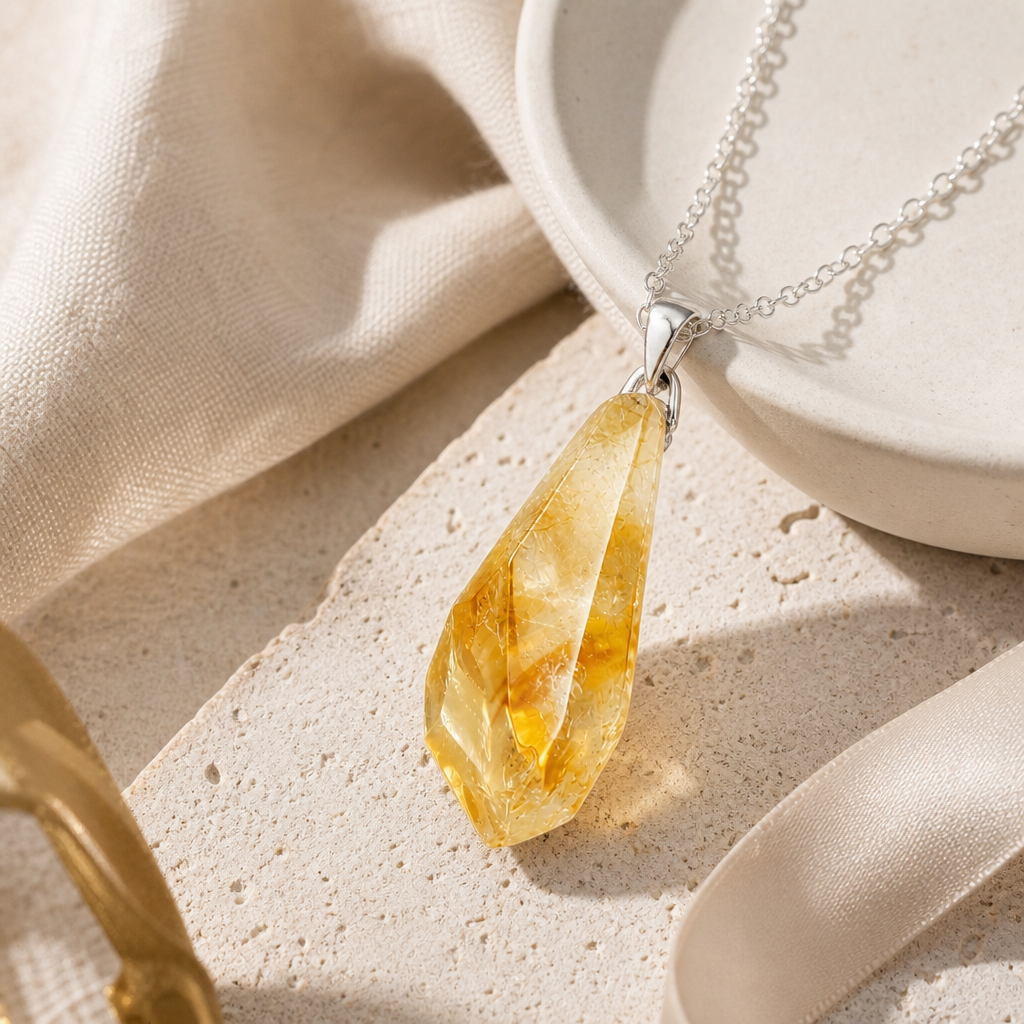 Gift-ready citrine cluster pendant necklace still life.