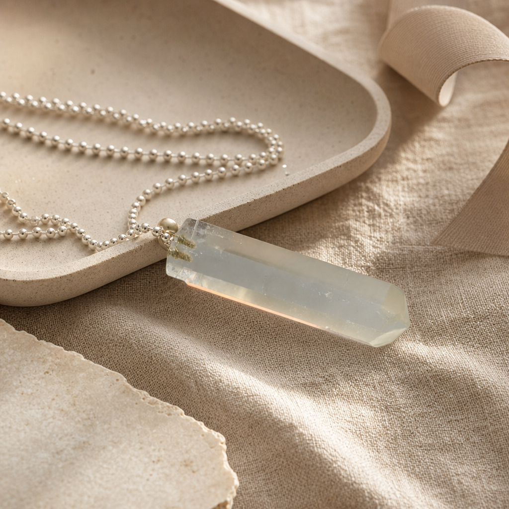 Clear Quartz Point Pendant Necklace Story Mood product image featuring Clear Quartz.