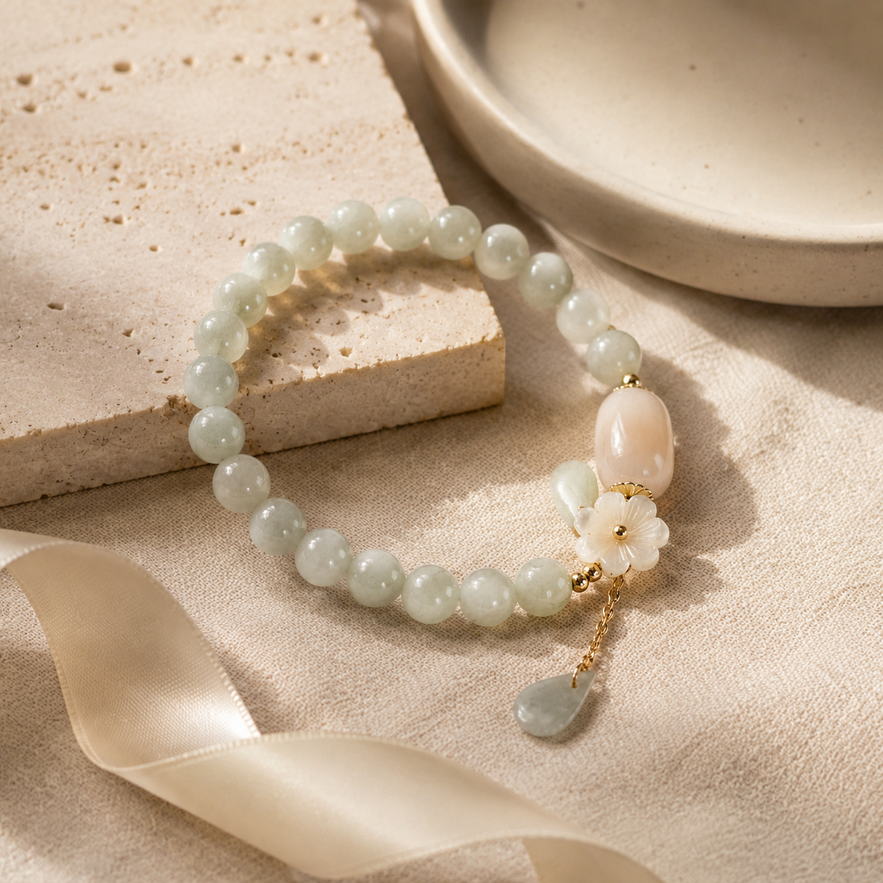 Gift-ready jade bracelet with shell flower detail on warm linen.