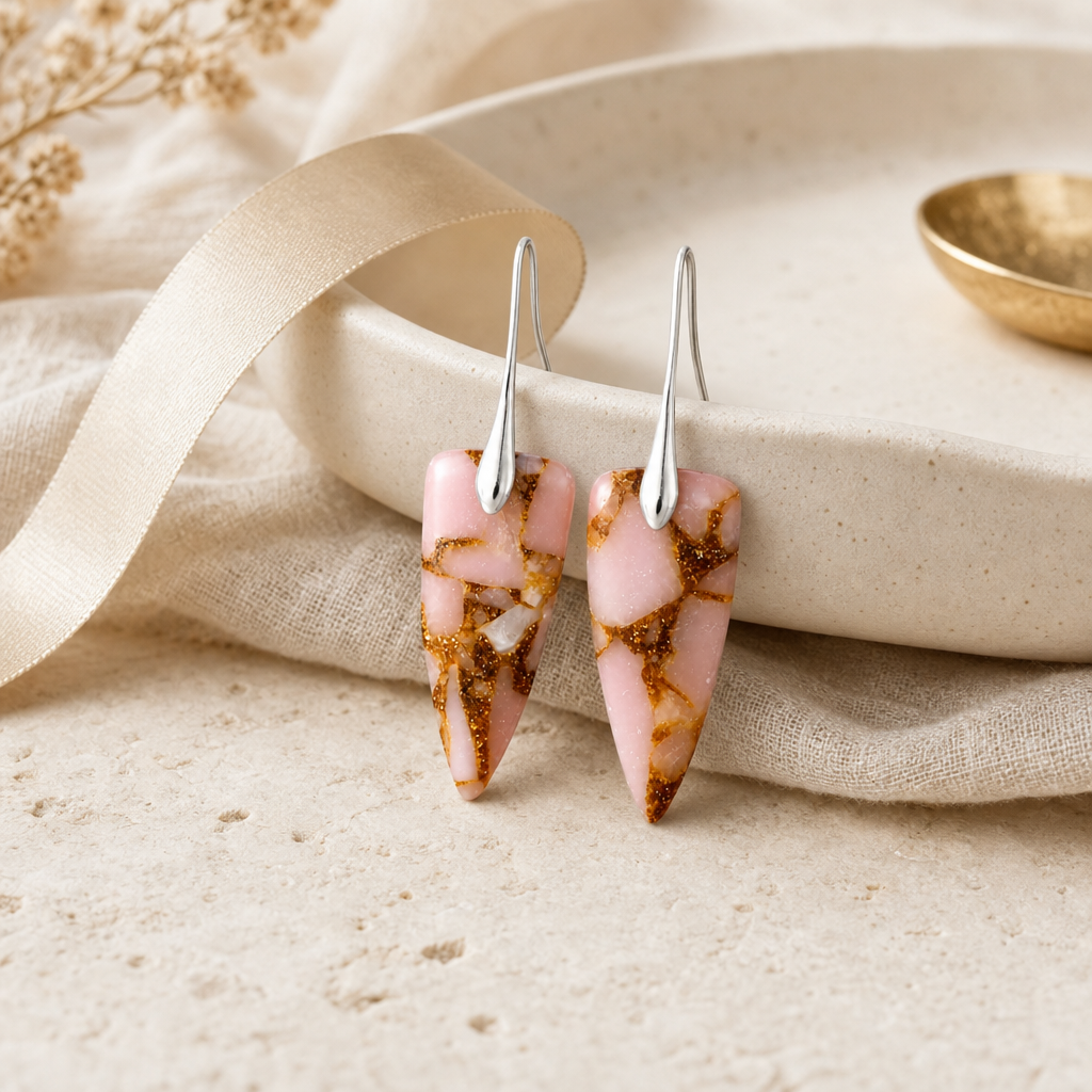 Silver Coral Natural Stone Geometric Earrings Story Mood showing soft coral natural stone drops with silver-tone hooks.