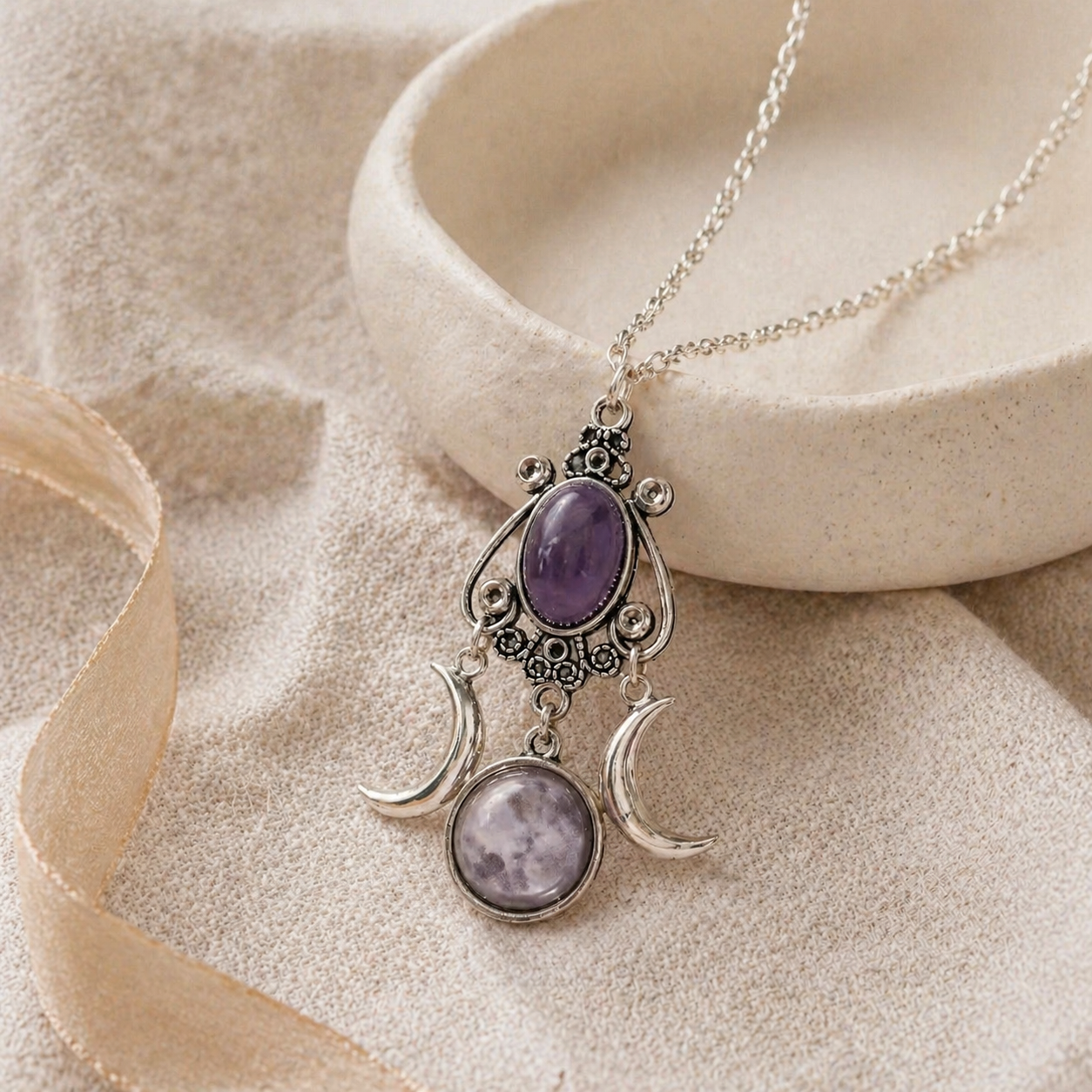 Triple Moon Goddess Amethyst Alloy Necklace Story Mood product image featuring Amethyst.