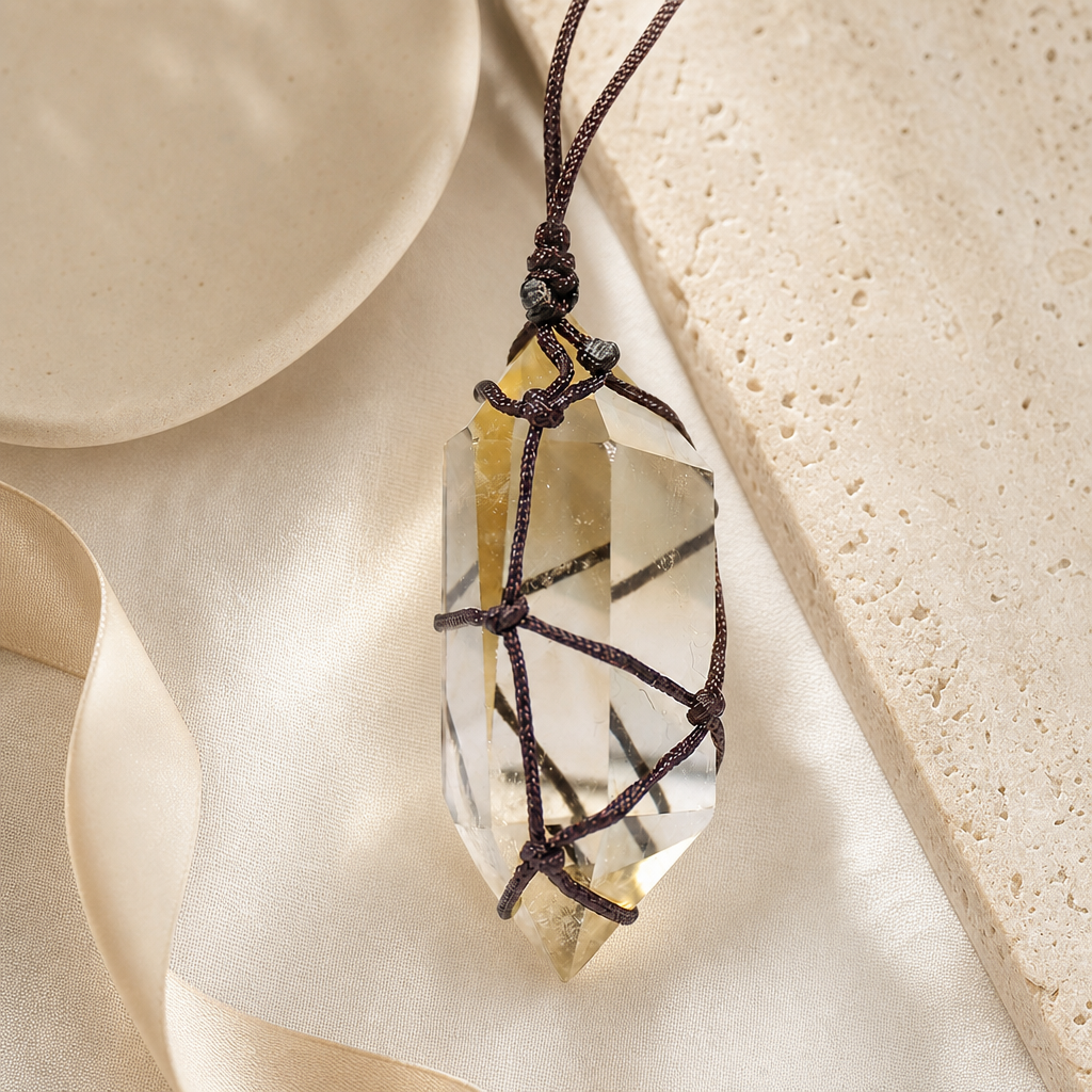 Double Point Crystal Mesh Wrapped Pendant Necklace Story Mood showing a mesh-wrapped double point crystal pendant necklace