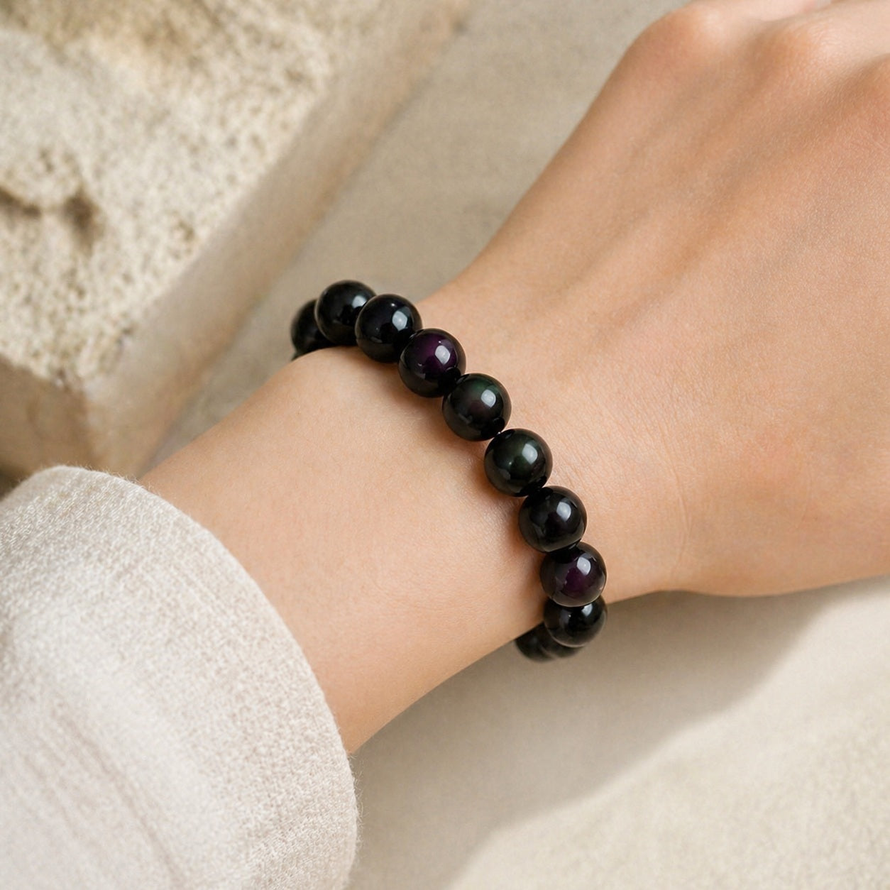 Black Obsidian 8mm Bead Bracelet Wearable Crop product image featuring Black Obsidian.