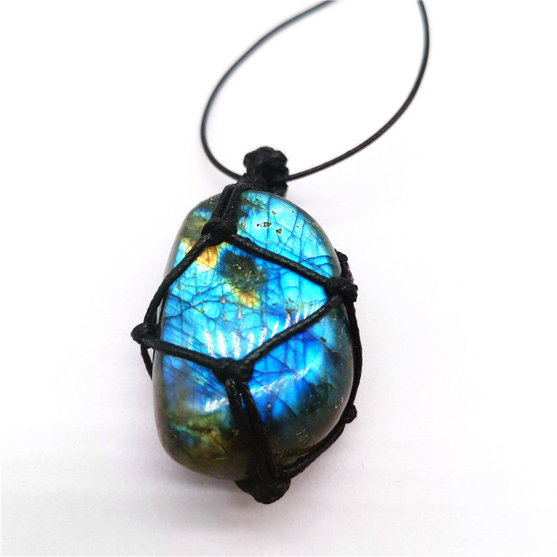 Moonstone & Labradorite Rough Stone Pendant Necklace alternate closeup showing stone texture and cord wrapping.