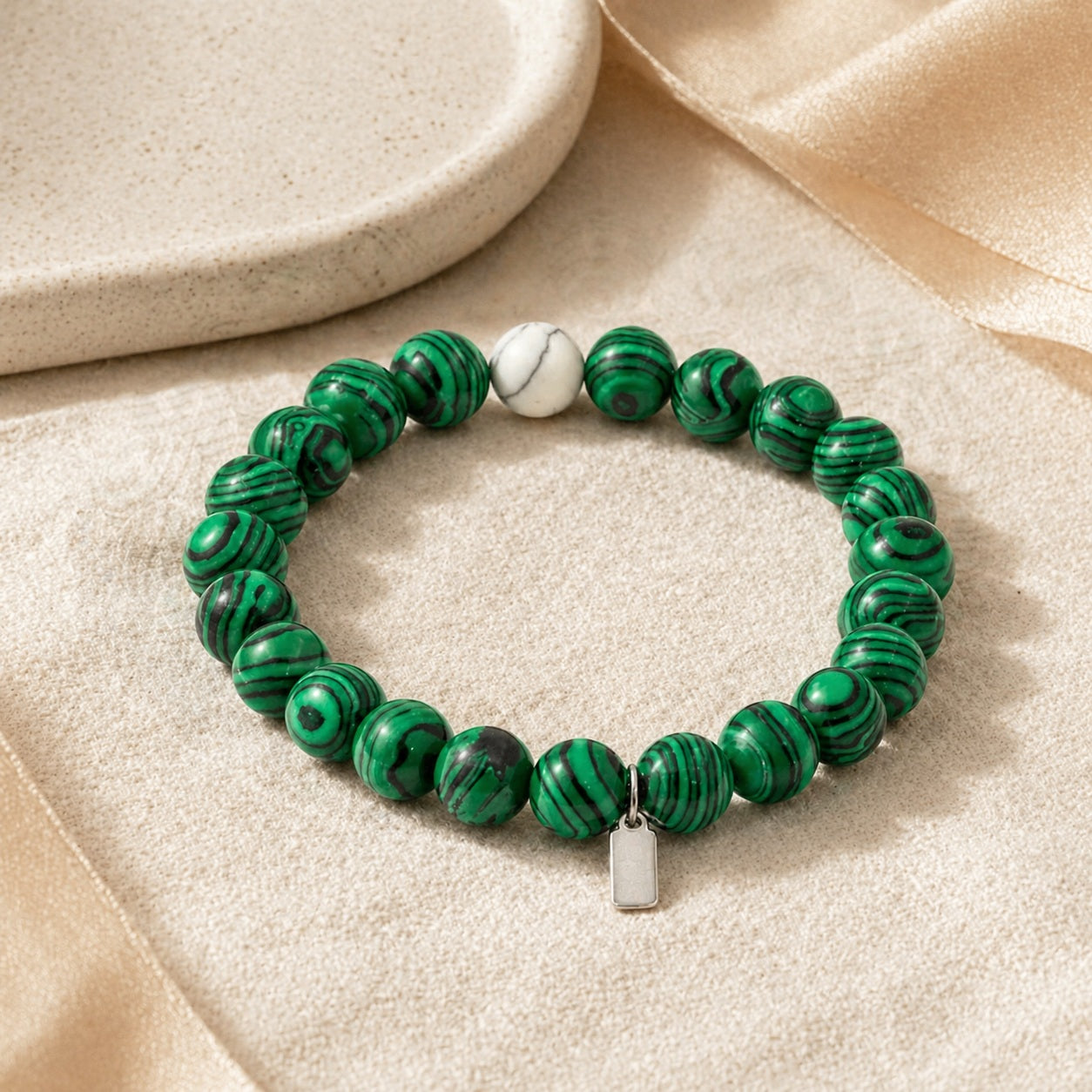 Malachite & Howlite 8mm Bead Bracelet Gift & Scale product image featuring Malachite.