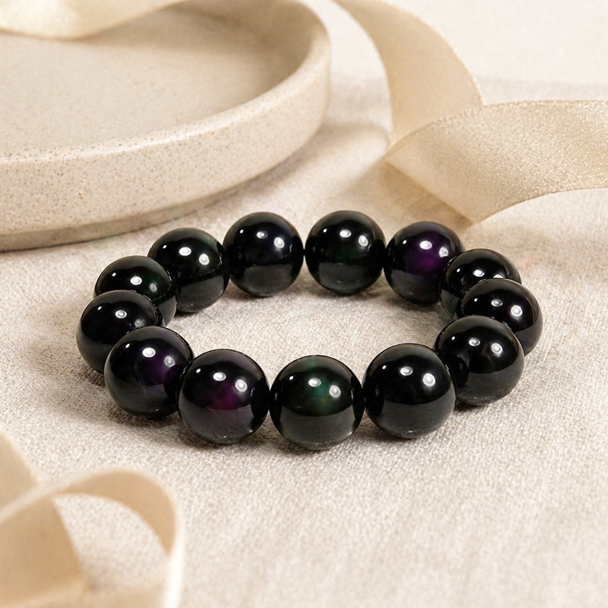 Black Obsidian 8mm Bead Bracelet Gift & Scale product image featuring Black Obsidian.