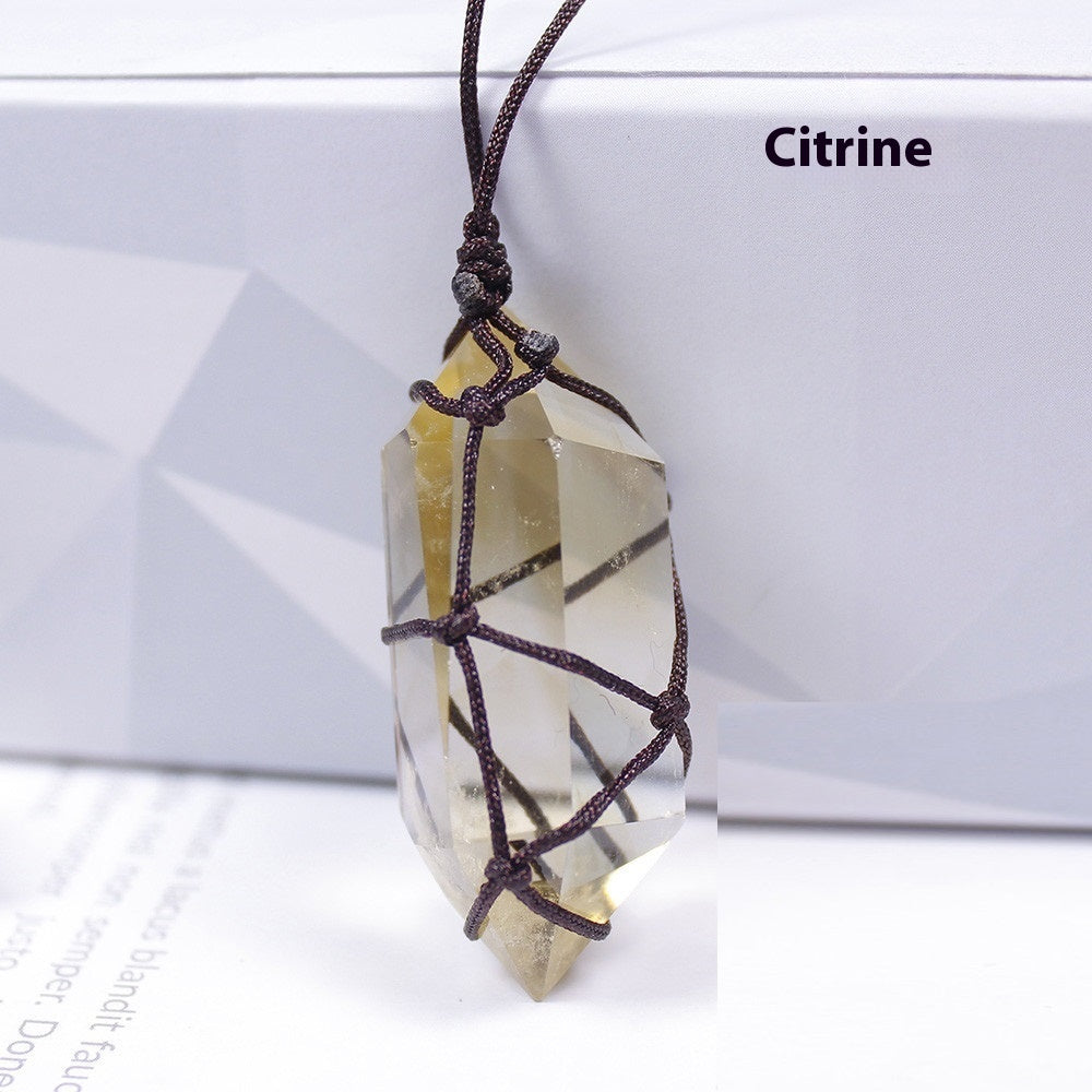 Double Point Crystal Mesh Wrapped Pendant Necklace in Citrine stone option.