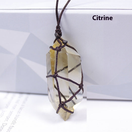 Double Point Crystal Mesh Wrapped Pendant Necklace in Citrine stone option.