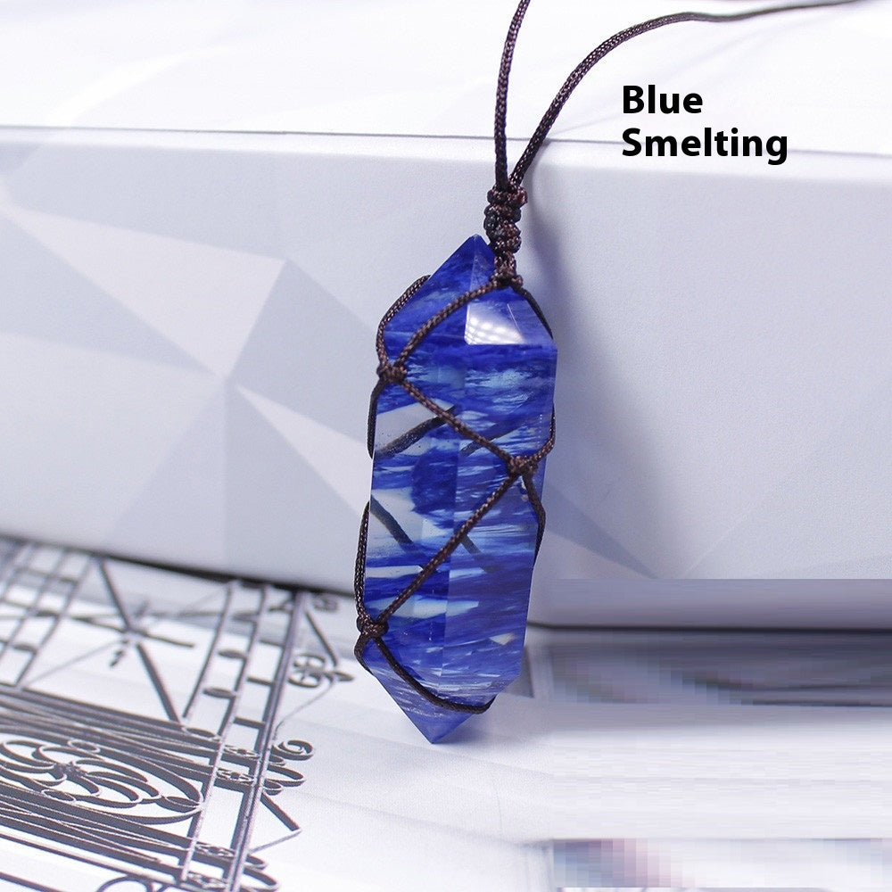 Double Point Crystal Mesh Wrapped Pendant Necklace in Blue Smelting stone option.