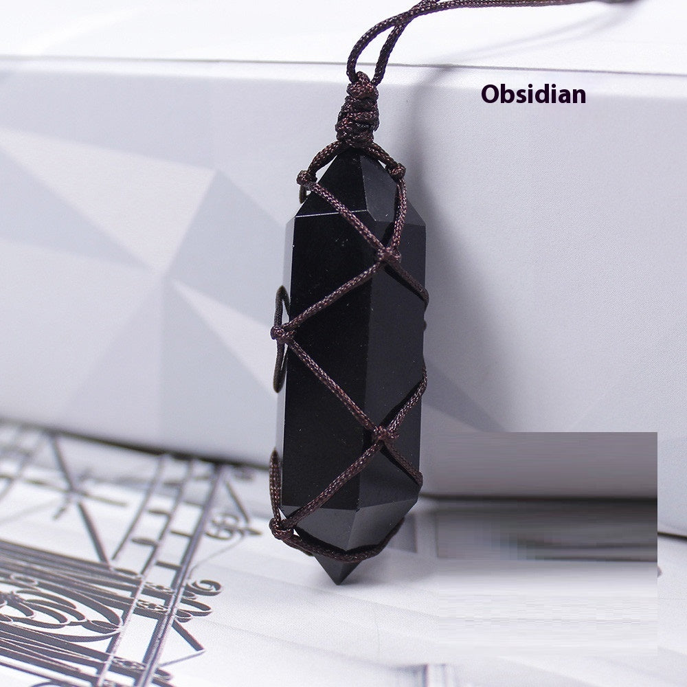 Double Point Crystal Mesh Wrapped Pendant Necklace in Obsidian Black Stone option.