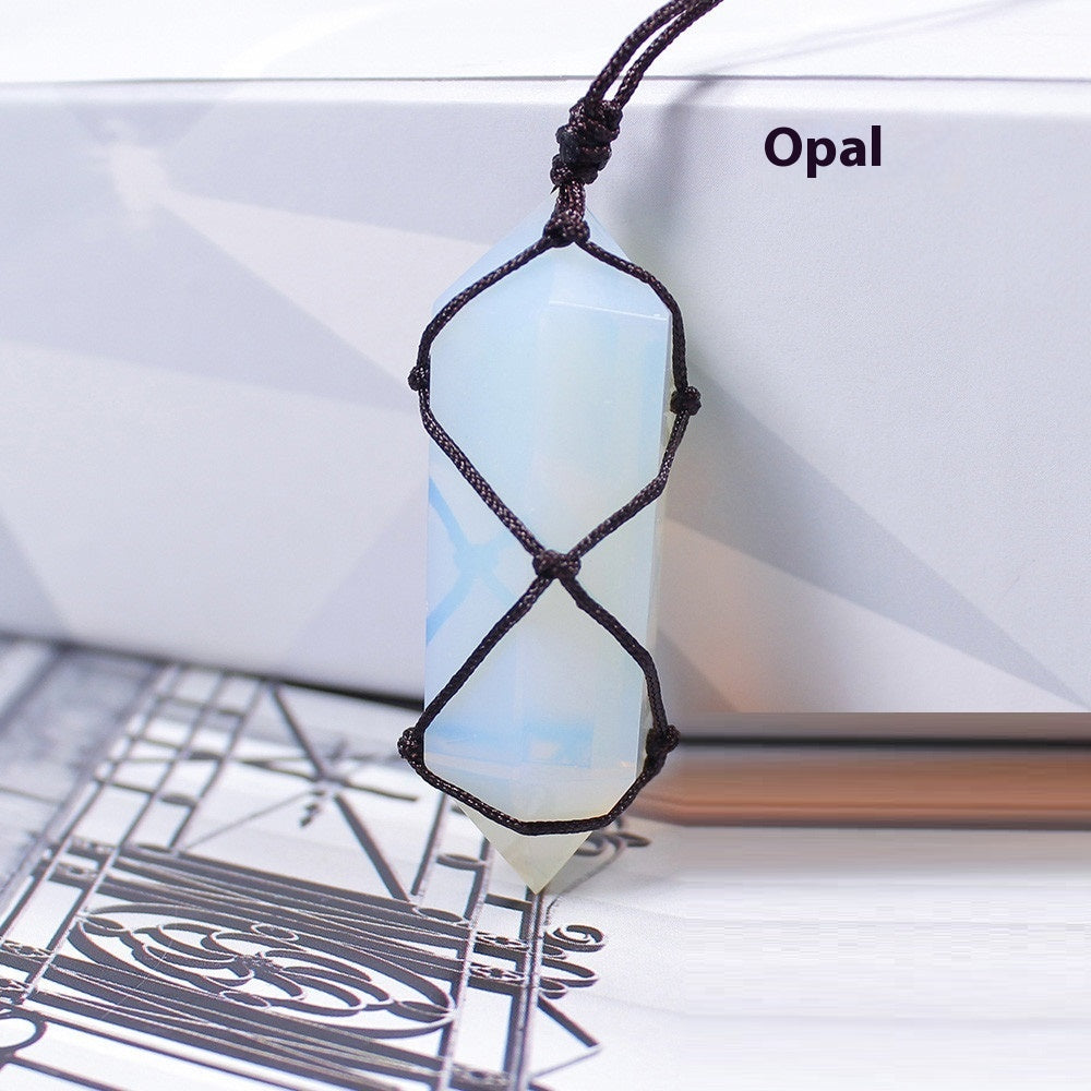Double Point Crystal Mesh Wrapped Pendant Necklace in Opal stone option.