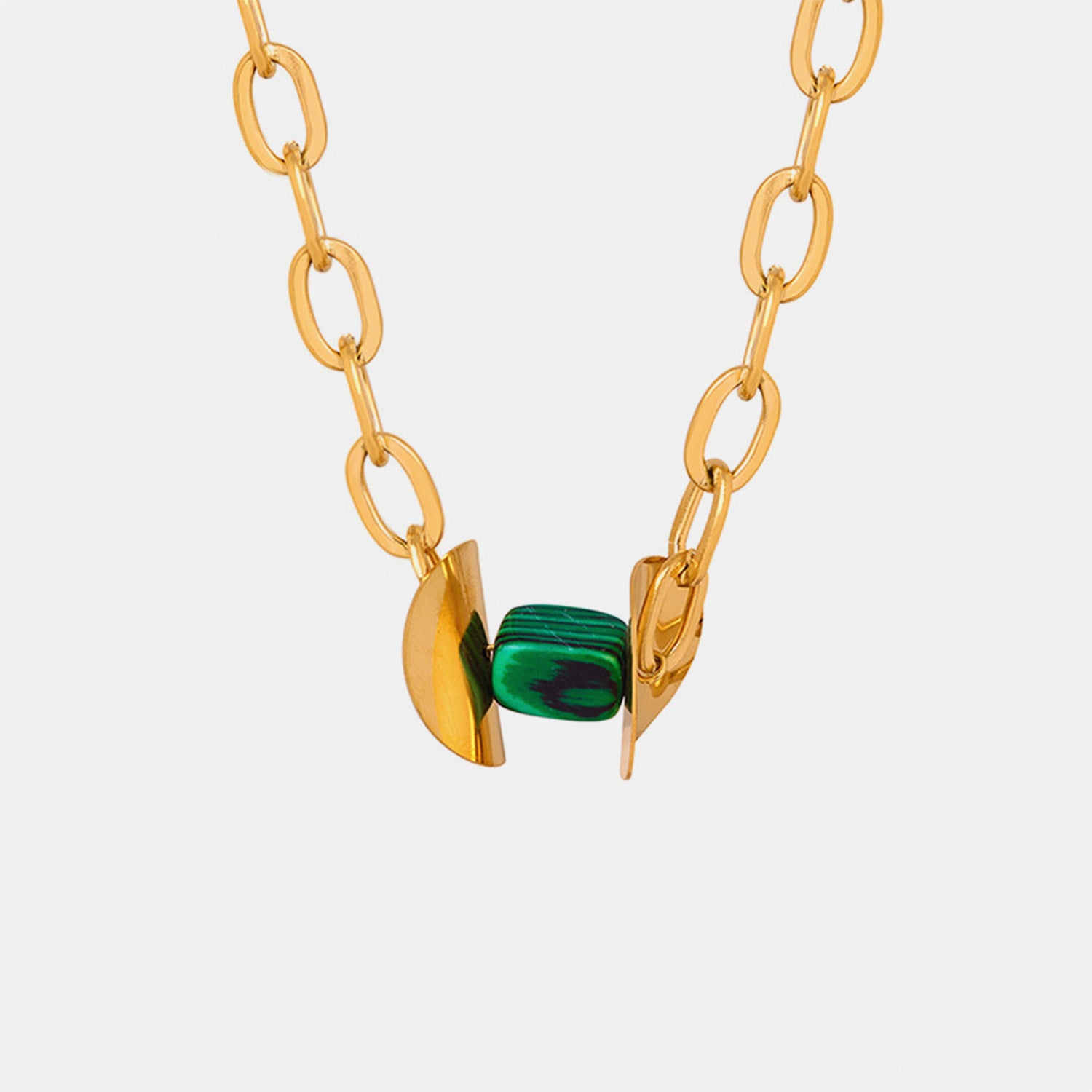 Gold-Tone Natural Stone Pendant Necklace in Dark Green color.