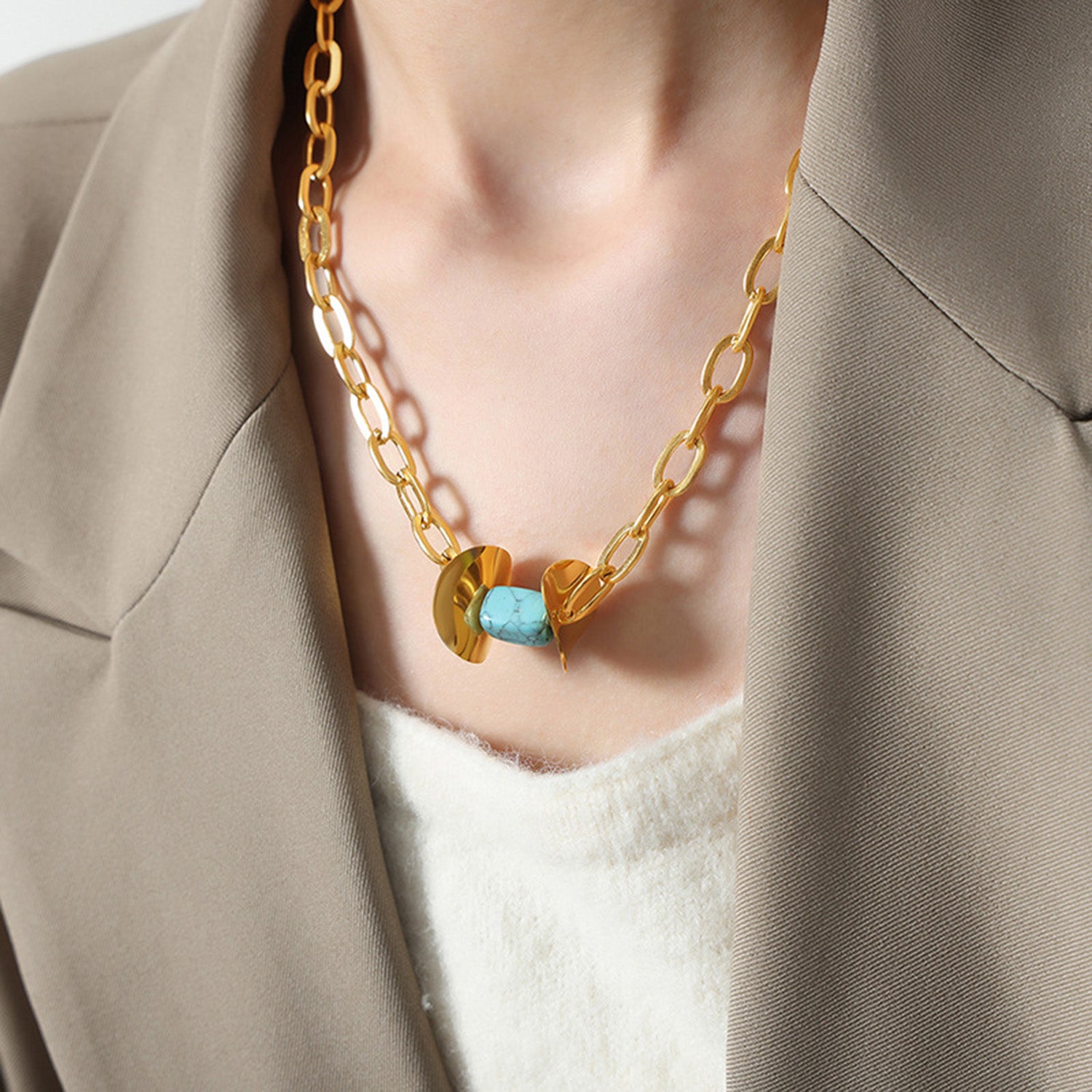 Gold-Tone Natural Stone Pendant Necklace in Light Blue color.